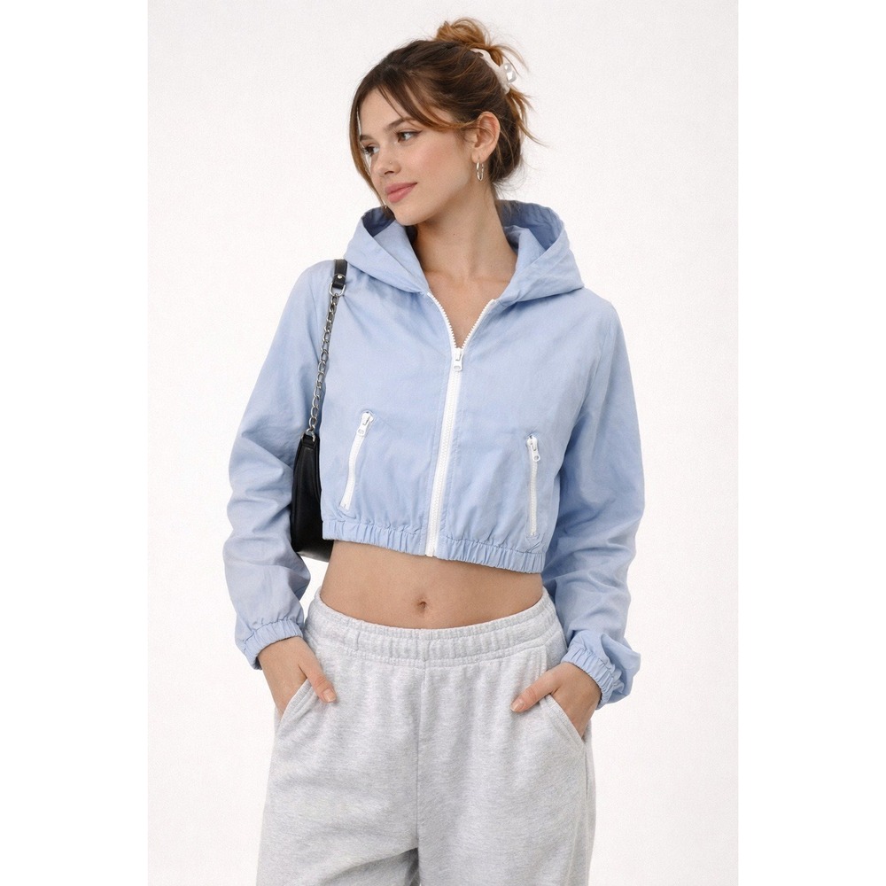 Ice Blue Cropped Windbreaker Jacket Y2K Sporty Lightweight Zip Up Hoodie Small